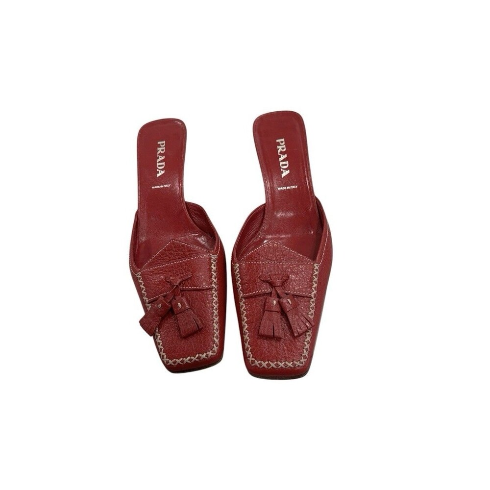 Vintage Y2K Prada Red Leather Tassel Slip-On Mules Size EU 37.5 Made In Italy